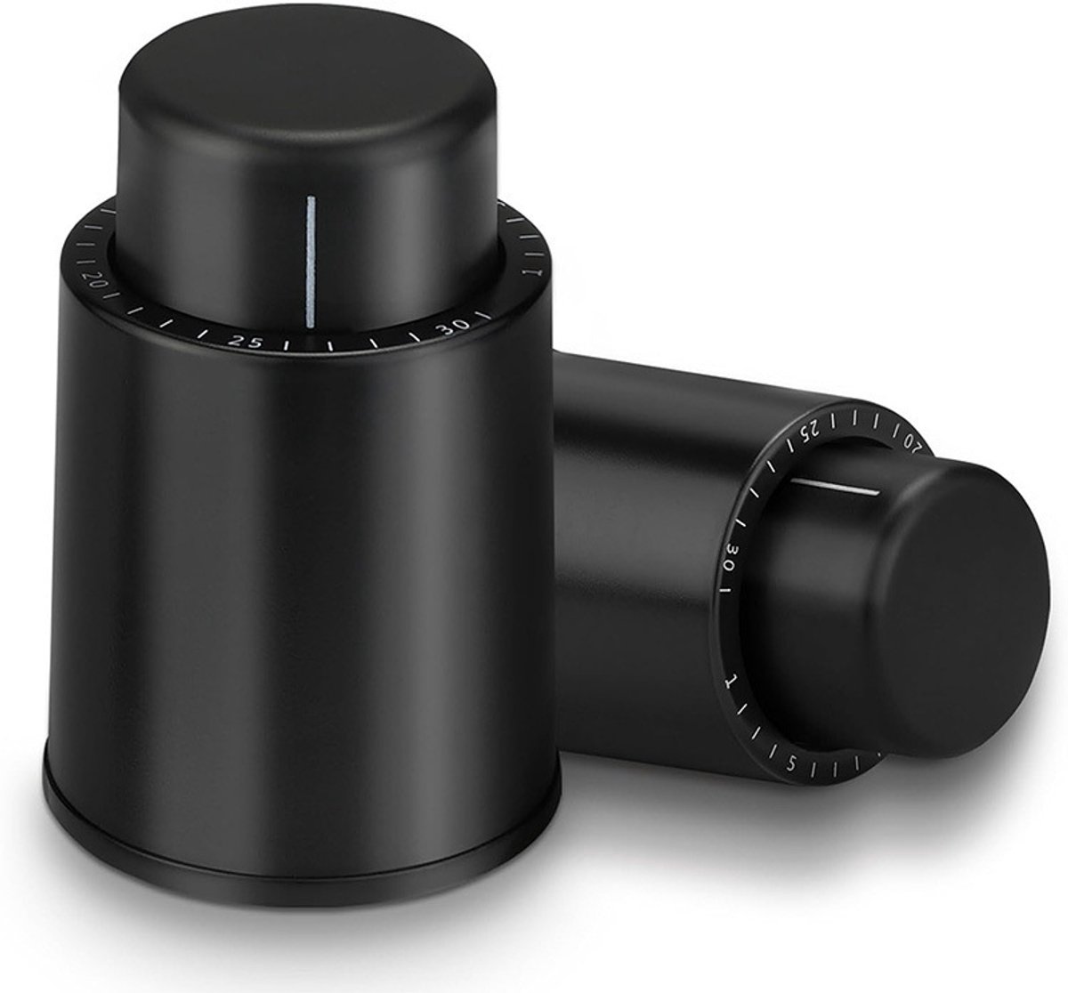 Set van 2 herbruikbare vacuüm wijnstoppers met gegradueerde doppen om de wijn vers te houden. Ideaal cadeau voor wijnliefhebbers.