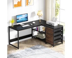 Tribesigns Bureau - Hoekbureau met 4 Laden - 150 x 110 x 75cm - Zwart - Bureau met Legplanken