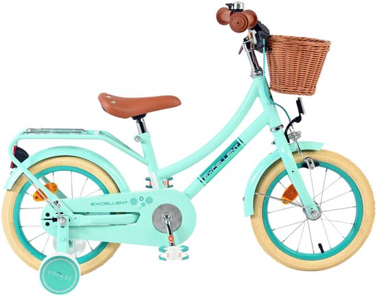 Lichtgroene 14-inch kinderfiets met bruin zadel, rotan mand en zijwielen.