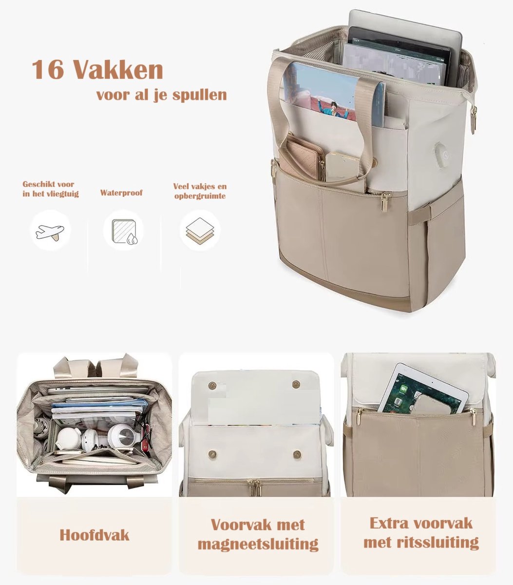 Beige Crème Oxford Rugzak voor Vrouwen (43x30x20 cm) – Waterdicht, Ruim & Stijlvol | Luiertas, Reistas & Werktas met Extra Clutch (21x15 cm), Kofferband & Anti-diefstal Achtervak – foto 6