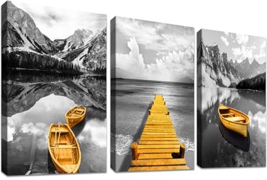 HALFLEMART 3 panelen houten ingelijst grijs wit goud marmer canvas