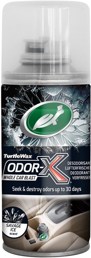Bombe aérosol Turtle Wax Odor-X parfum Savage Ice, "Seek & destroy odors up to 30 days" et une image de l'intérieur d'une voiture.