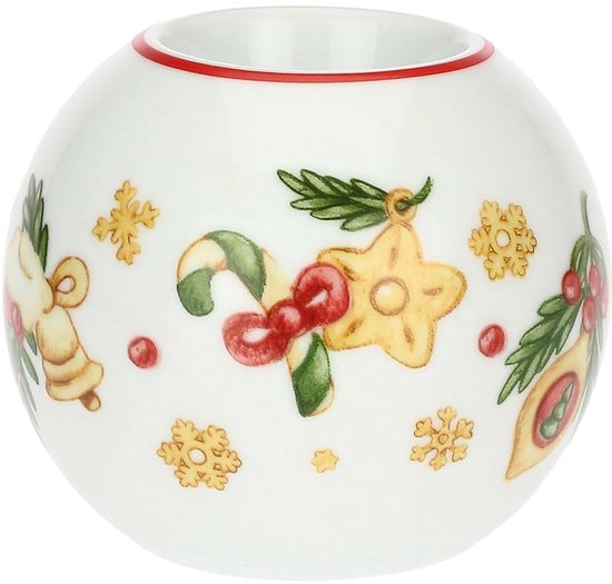 Porseleinen theelichthouder kerstbal - verzamelobject - 1 stuk - veelkleurig - 10 x 8 cm