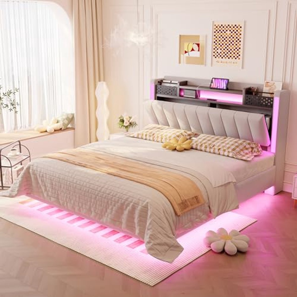 Tweepersoonsbed 140 x 200 cm met USB en opbergruimte, inclusief verstelbaar hoofdeinde