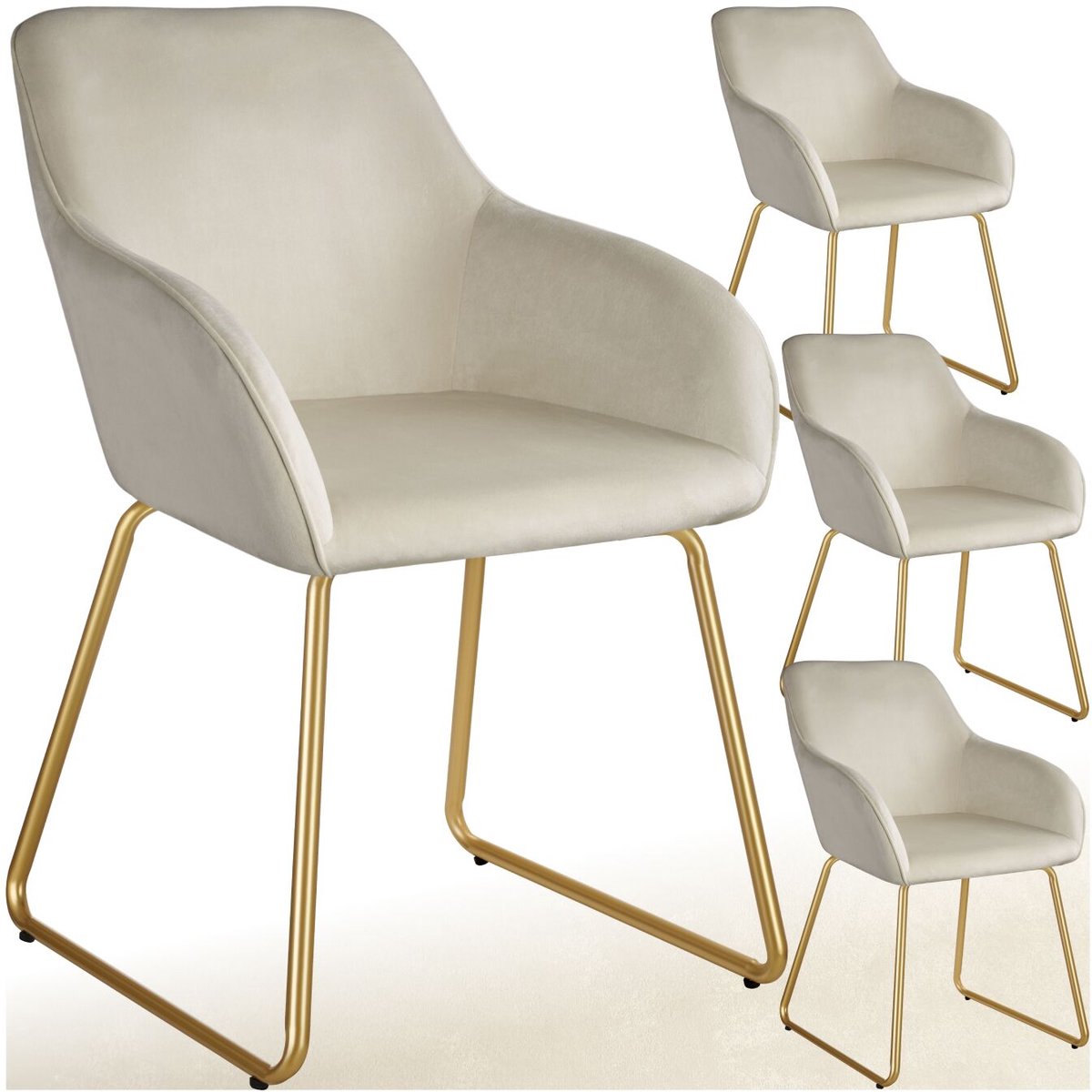 Tectake Eetkamerstoel Jeane - Set van 4 Eetkamerstoelen - Met doorlopende rugleuning en armleuning - Kuipstoelen met fluwelen bekleding - Stijlvolle keukenstoelen voor eetkamer of woonkamer - Slipvrije en vloerbeschermende voetjes - Crème/goud Fluweel crème/goud