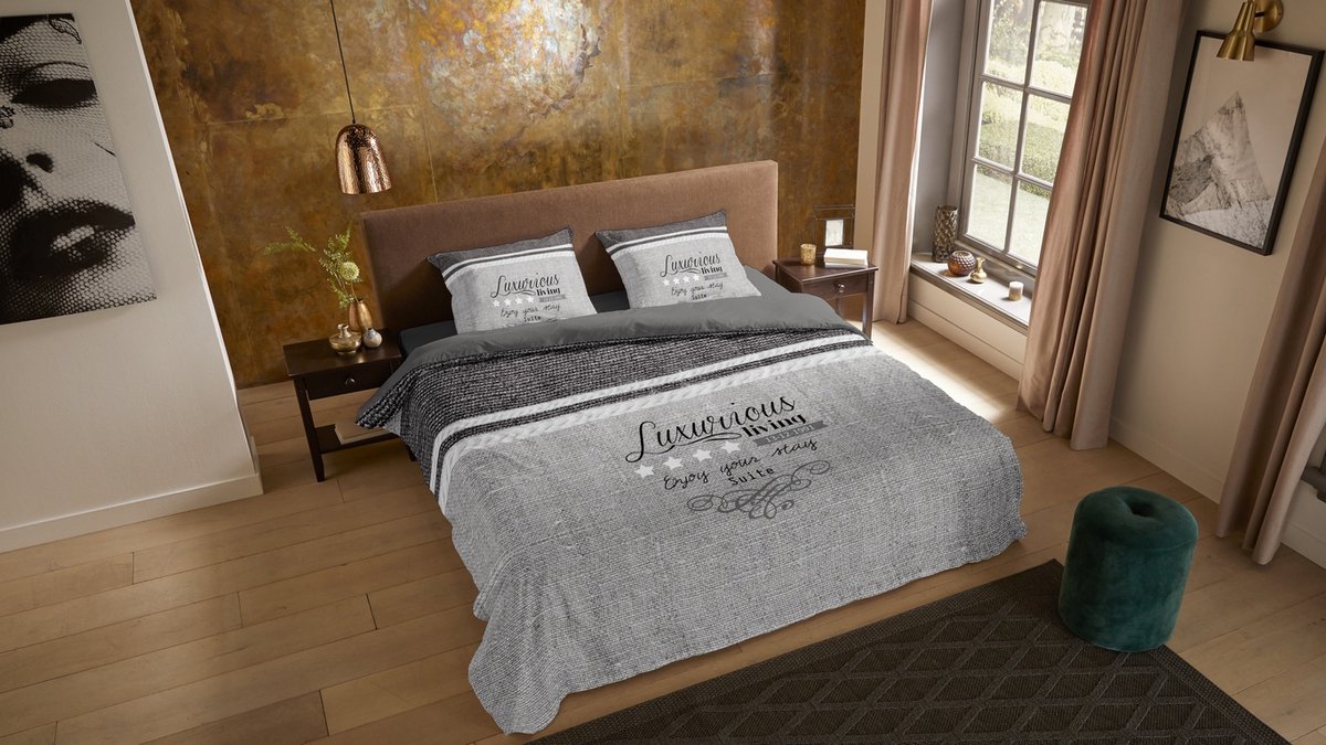 Pure dekbedovertrek tekst - Lits jumeaux 240x200/220 cm - Grijs - Microvezel
