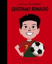 Boek 'Little People, BIG DREAMS: Cristiano Ronaldo' met een tekening van een jongen met krullend haar, in een shirt met nummer 7, die een voetbal vasthoudt. Rode achtergrond.