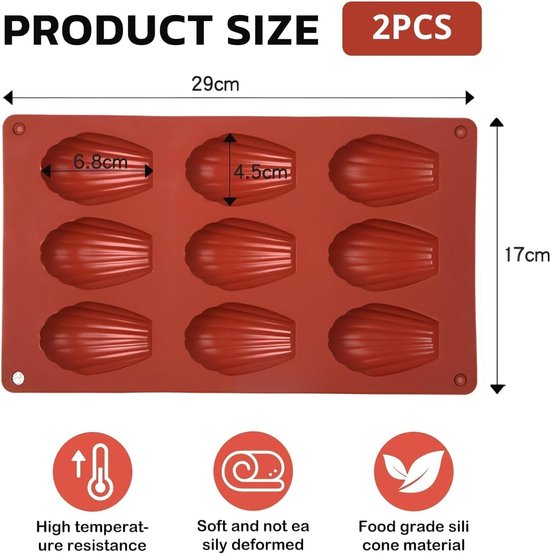 Madeleinevorm (2 stuks), 9 holtes, antiaanbak siliconen madeleinevorm voor mousse, chocolade muffinpudding, 29*17cm,Zwart