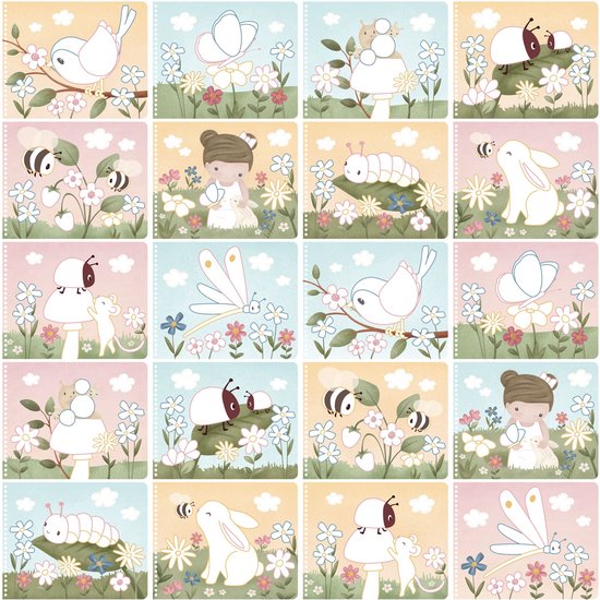 Grid van illustraties uit 'Rosa's Garden' kleurboek met bijen, vlinders, bloemen en een konijn.