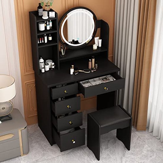 Teousev Make-uptafel met Ledverlichting, Instelbare Helderheid, Kaptafel met Spiegel en Kruk, Make-uptafel met Planken en 6 Laden, Makeup Tafel met Bruine Handgreep (wit, 80 x 36 x 131 cm Teousev Make-uptafel met Ledverlichting, Instelbare Helderheid, Kaptafel met Spiegel en Kruk, Make-uptafel met Planken en 6 Laden, Makeup Tafel met Bruine Handgreep (wit, 80 x 36 x 131 cm