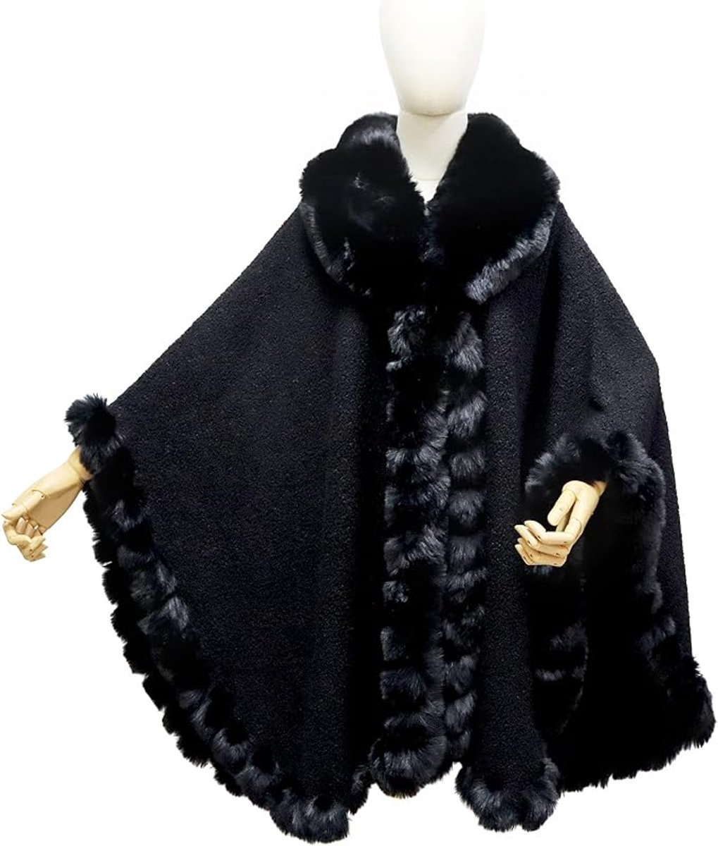 Dames Faux Konijn Bont Cardigan Mantel Poncho Winter Losse Cape Warme Sjaal Wrap - lengte 120 cm, breedte 80 cm - One size - zwart