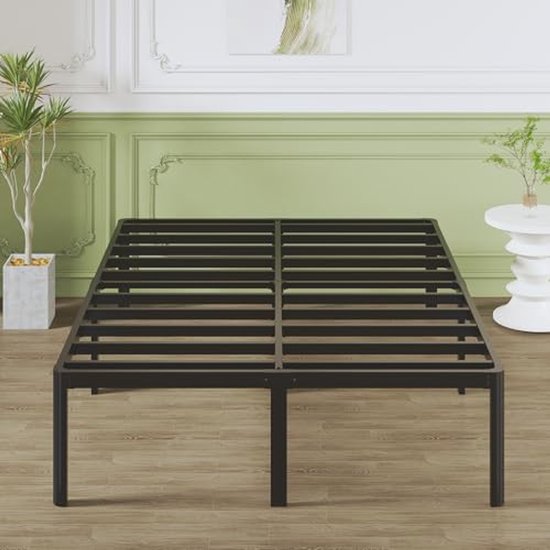Lutown-Teen Metalen Bed 140x200 cm met Ronde Poten, Hoogte 46cm Jeugdbed Frame met Metalens Lattenbodem, Zwart