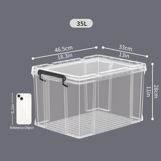 Cetomo 35L x 3 Storage Boxes, Stackable Storage Box with Lids, Heavy Duty Container with Lid with Reinforced Corners, Vertical Sides and Clip Closure, Durable, Plastic, Clear, 35L-3Pack