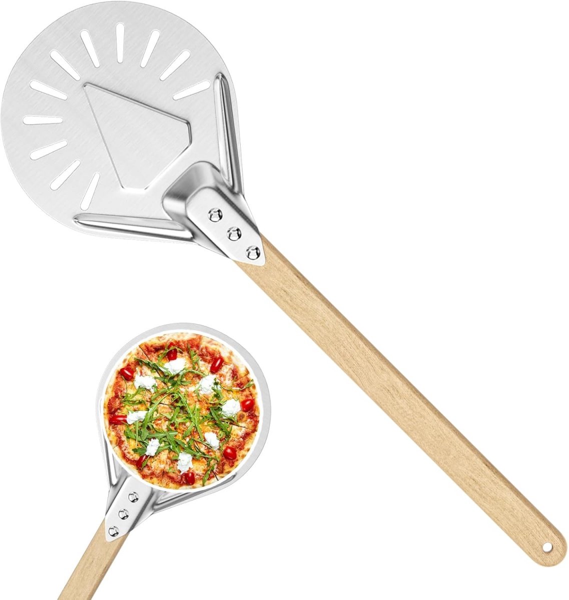 TOVBMUP Geperforeerde pizzaschep - 7 inch - Ronde aluminium pizzaschep - met afneembare handgreep - Geschikt voor pizza, brood, cake, taart