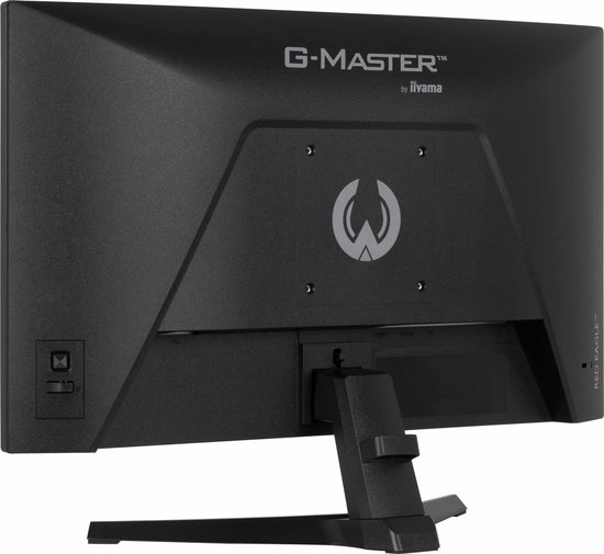 Achterkant van een zwarte monitor met het G-MASTER en iiyama logo, een uil-logo en 'RED EAGLE' tekst.