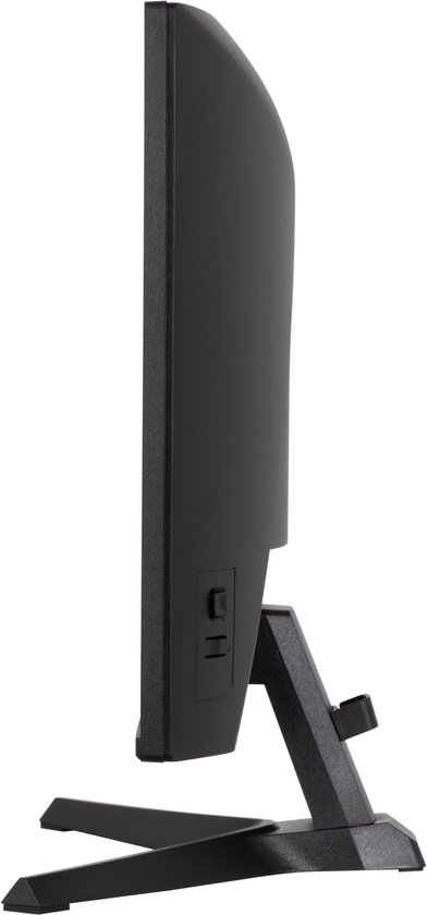 Zijprofiel van een zwarte monitor op een standaard, met aan de zijkant een aan/uit-knop en aansluitingen.