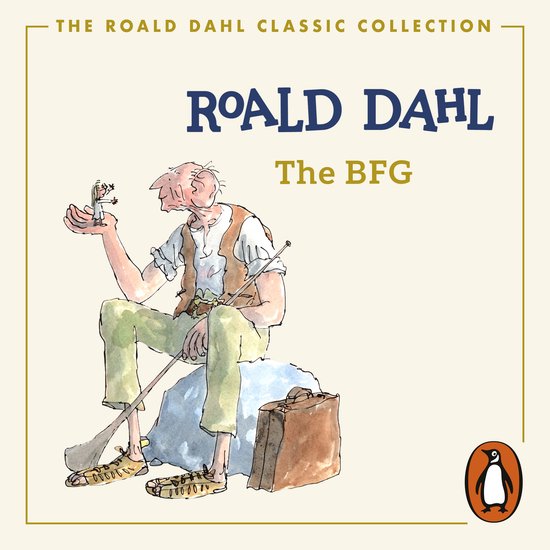 De Roald Dahl Classic Collection-The BFG. Een illustratie van de Grote Vriendelijke Reus die een klein figuurtje in zijn hand houdt.