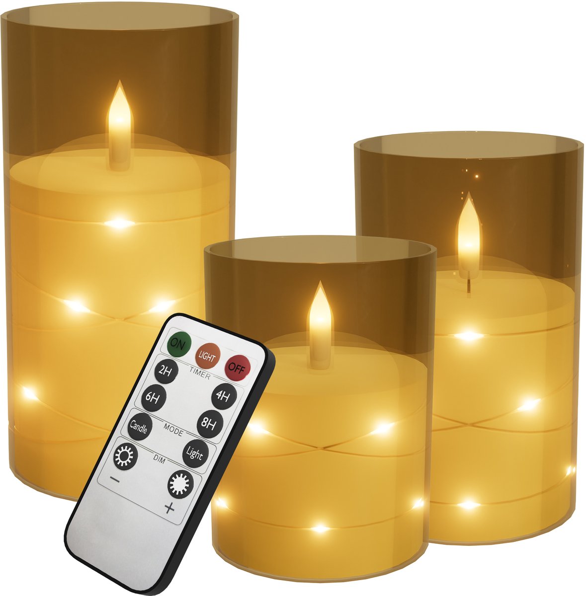 Aufun LED vlamloze kaarsen met afstandsbediening - Flikkerend - Acryl stompkaarsen - Op batterijen - Type B - Goud - Set van 3 - Voor huisdecoratie en kerstversiering