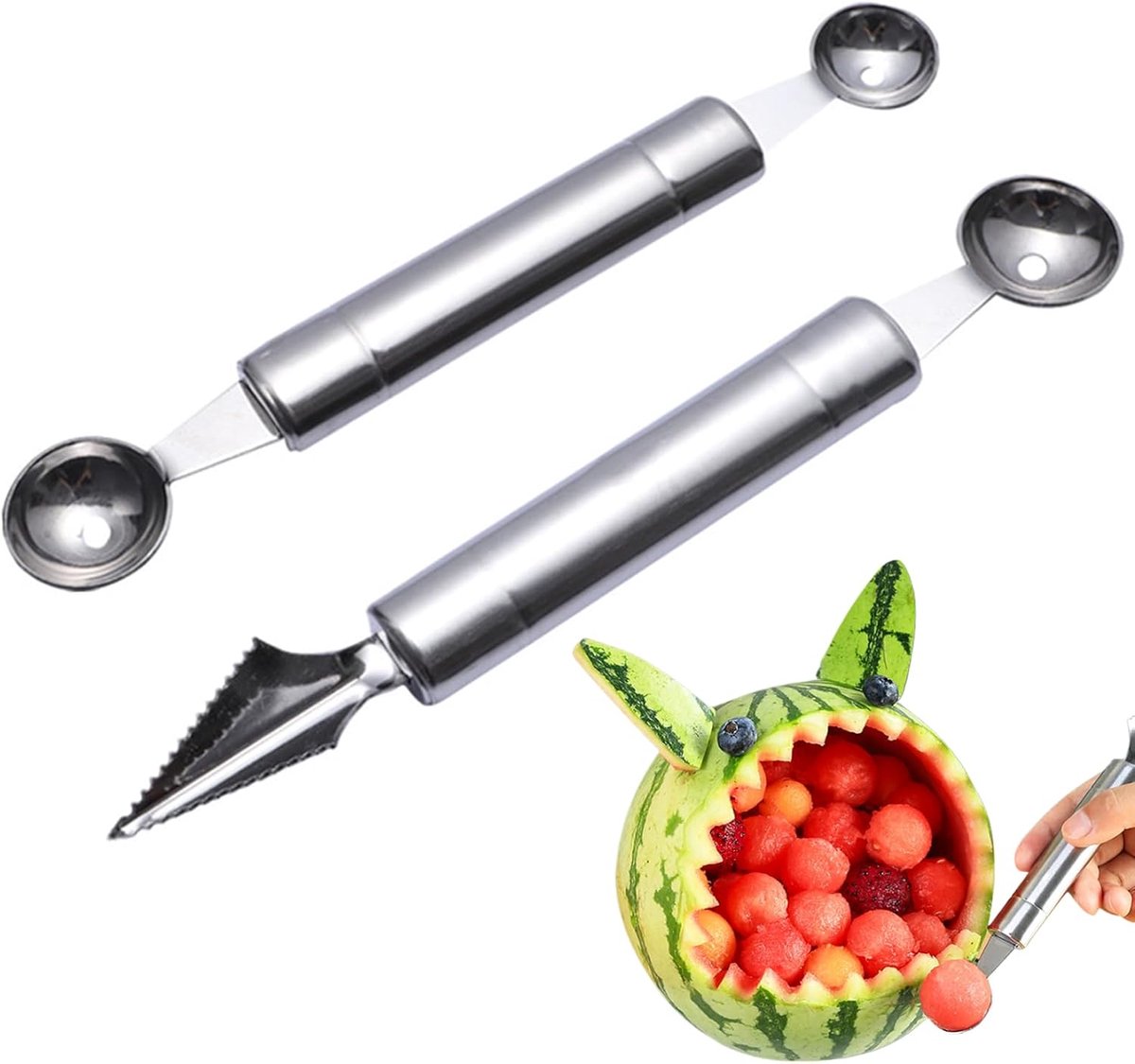Set van 2 stuks balvormers en snijgereedschap - roestvrijstalen meloenbollepel voor verschillende soorten fruit - pitverwijderaar - doe-het-zelf keukengereedschap