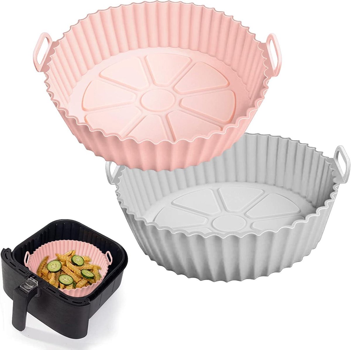 Daity 2 stuks Airfryer siliconen bakvormen - 8 inch Airfryer mandvoeringen - siliconen bakvormen - geschikt voor Airfryer oven - herbruikbare bakvormen ovenaccessoires (roze - grijs)