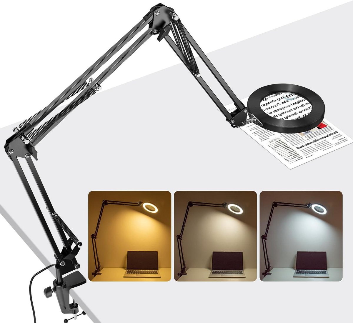 Orivio - Vergrootlamp met licht en klem, bureaulamp met 3 kleurmodi, dimbaar, voor hobby, knutselen en werkplek.