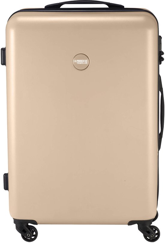 Beige Princess Traveller koffer, staand met handvat bovenop.