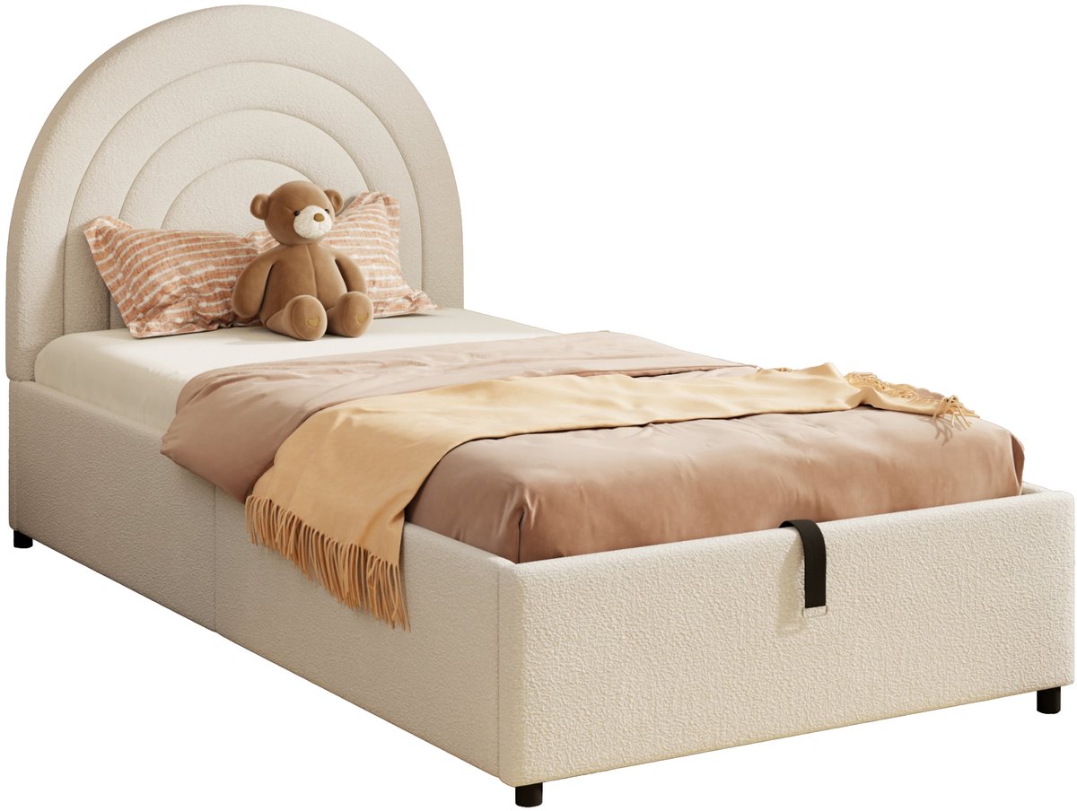 Merax Gestoffeerd Bed 90x200 cm - Beige Boucle - Houten Lattenbodem - Kinderbed en Jeugdbed - Luxe Design - Zonder Matras