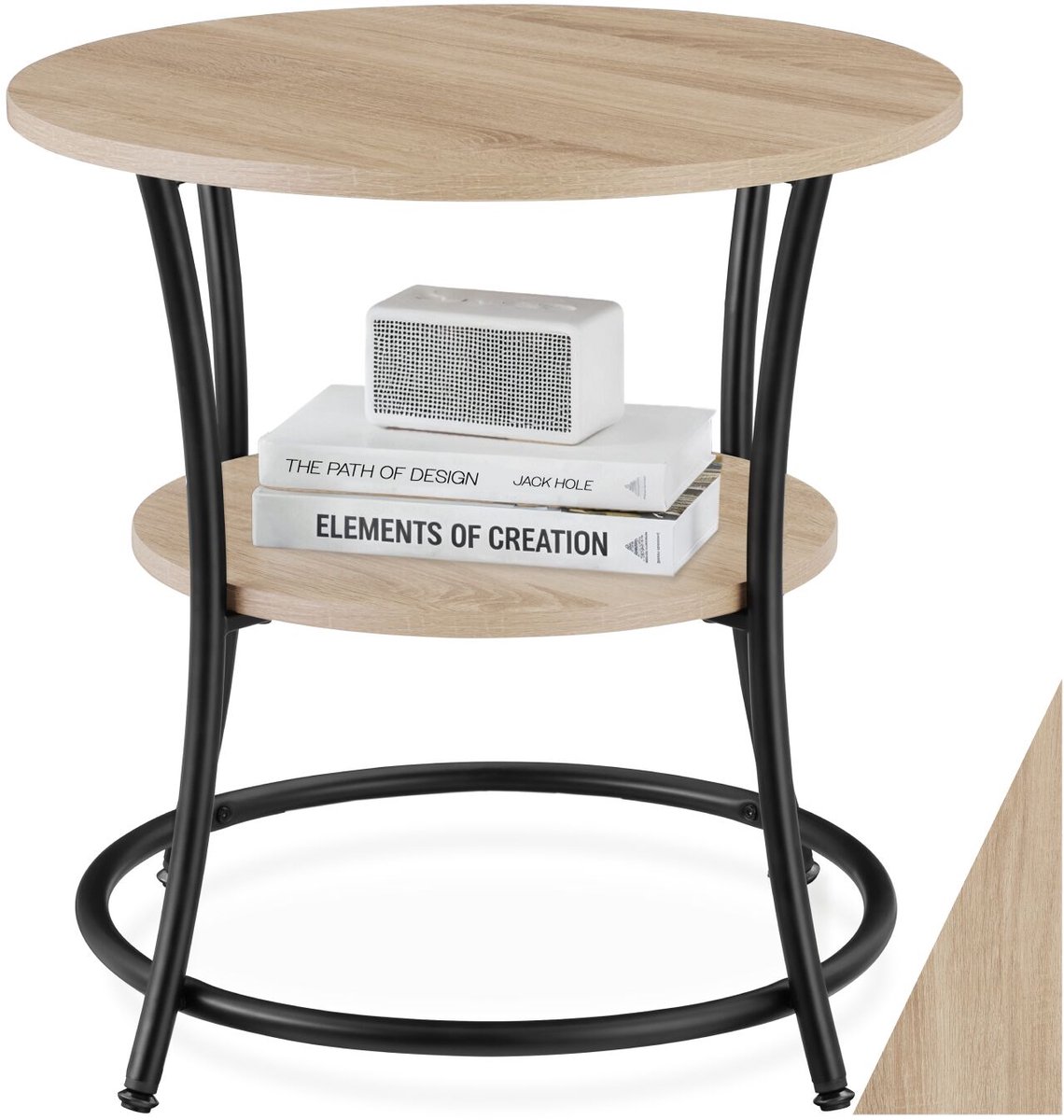 Tectake Ronde Bijzettafel – Salontafel met 2 Planken, Industrieel Design, Nachtkastje van Hout, Ø55x56 cm, Voor Woonkamer, Slaapkamer, Kantoor, Zwart Metalen Frame – Licht Sonoma Eiken Lichtbruin - Eiken Sonoma