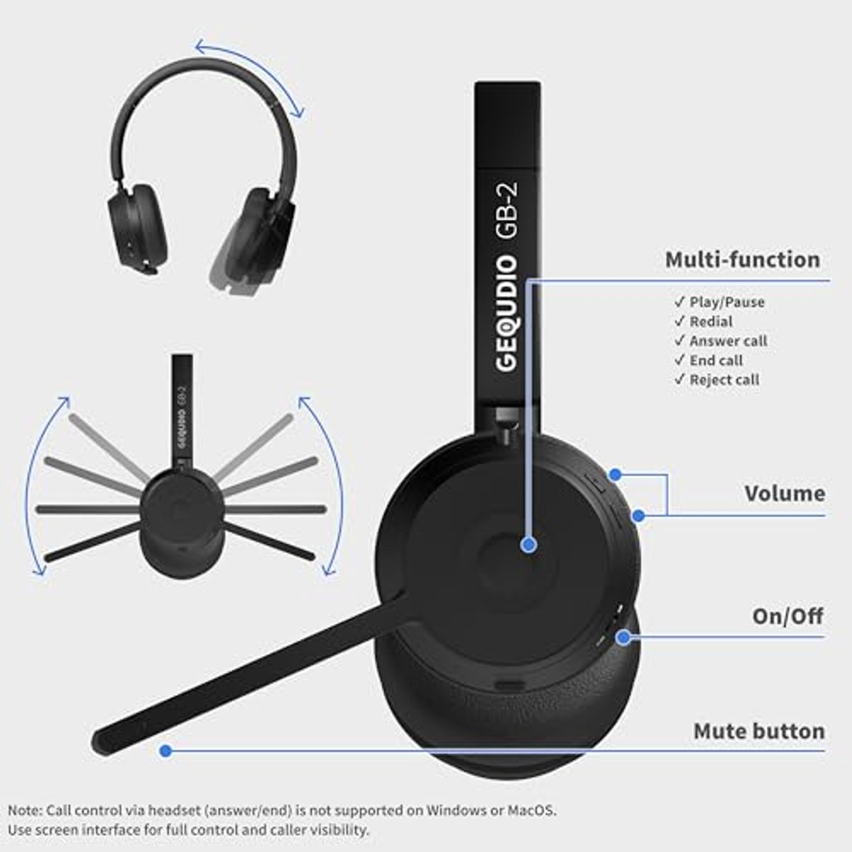 Bluetooth headset met microfoon en passieve ruisonderdrukking - Draadloze hoofdtelefoon voor smartphone, pc en laptop
