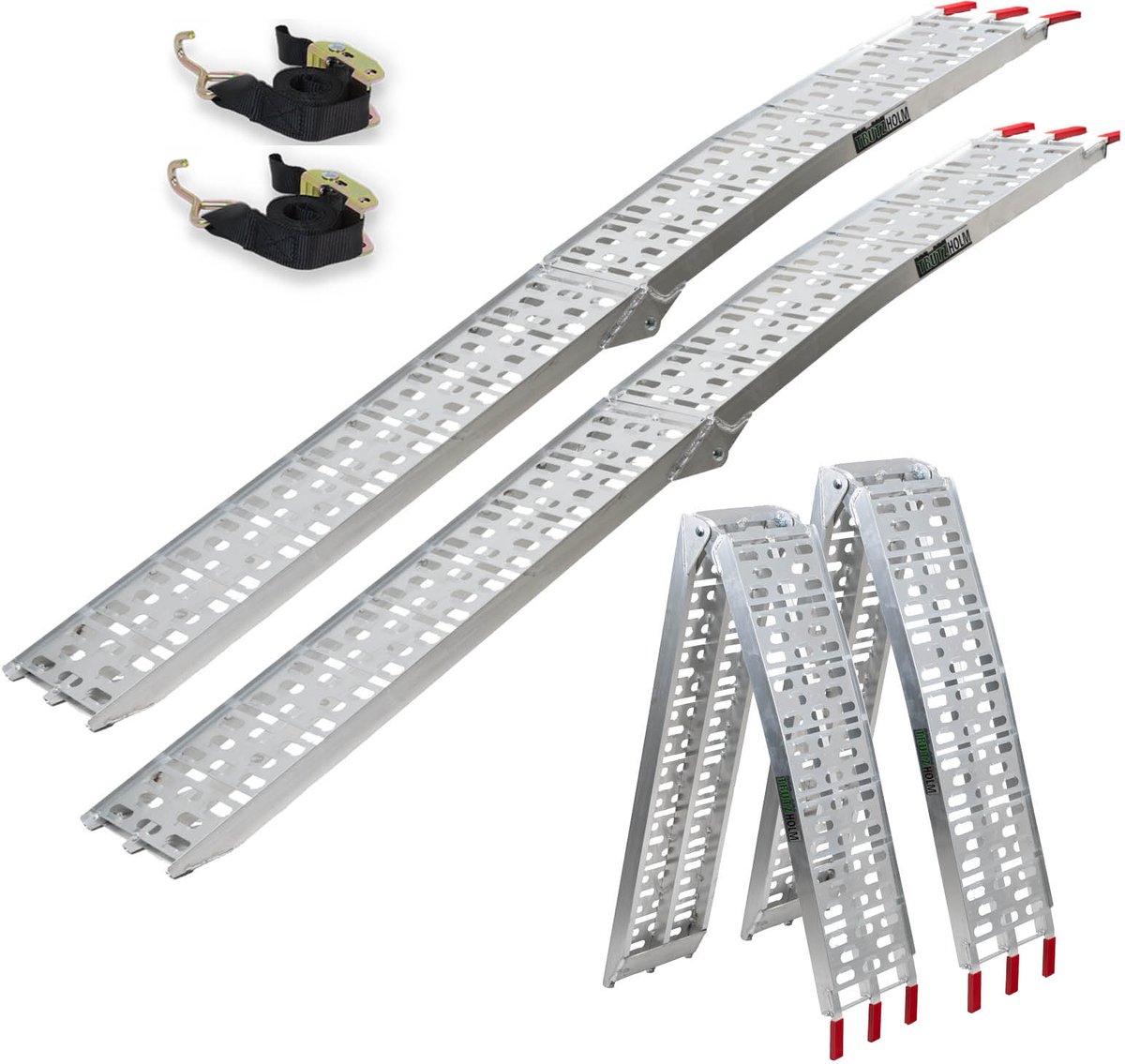 Oprijplaat Set - Opvouwbaar & Aluminium - Lengte 228 cm - Belastbaar tot 680 kg - Geperforeerd Anti-slip - Grijs - Set van 2