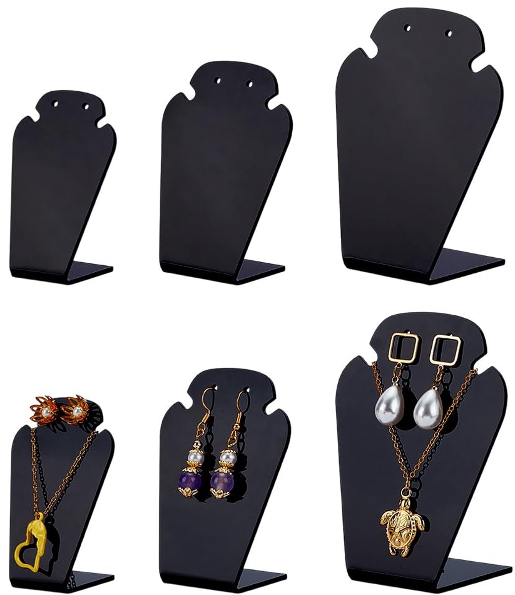 6 stuks 3 Maten Acryl Earing Ketting Displays Stand Zwart Acryl Ketting Stand Mini Oorbel Stand L-Vorm Sieraden Houder voor Earing Ketting Armband Props Show Retail Store
