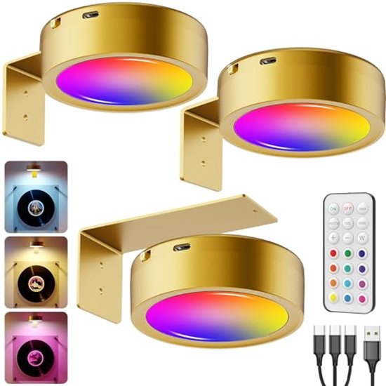 Draadloze Schilderijverlichting met Afstandsbediening, 3 Stuks Magnetische LED Schilderijverlichting Dimbaar en Oplaadbaar, Schilderijverlichting 3 Lichtkleuren, Schilderijlijstverlichting (goud