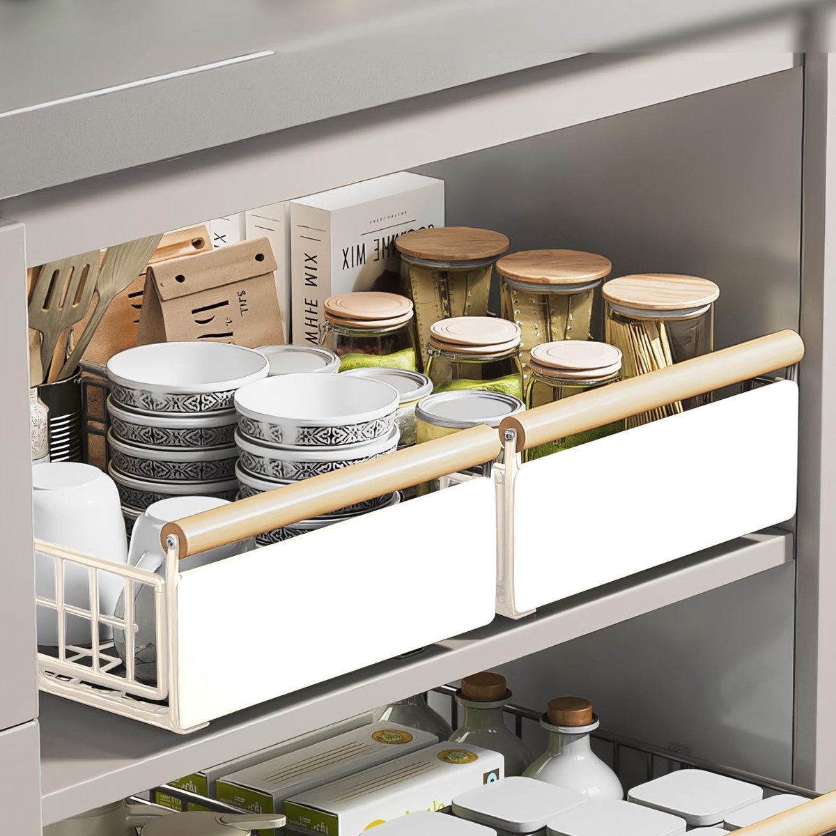 Azomor® Uittrekbare telescopische ladeset met houten handgrepen voor keuken en badkamer