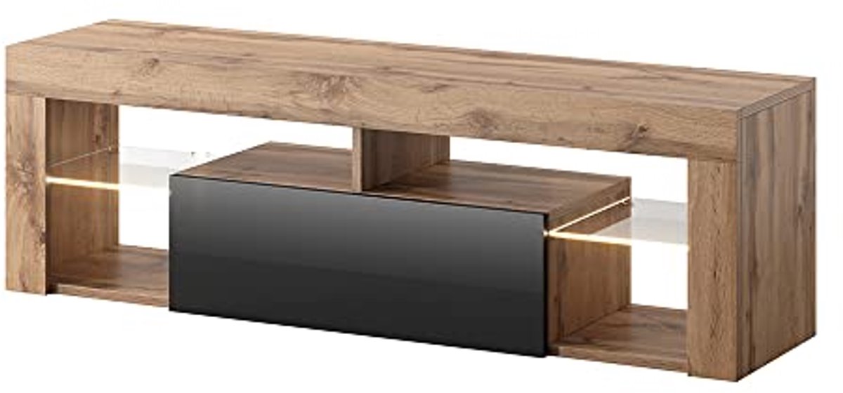 Modern TV-meubel met LED verlichting - 140 cm in Lancaster eiken en zwart glanzend