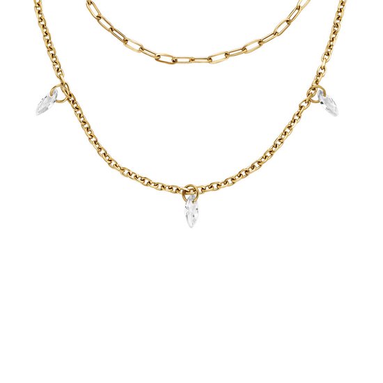 Gouden dubbel collier met kristalhangers in druppelvorm.