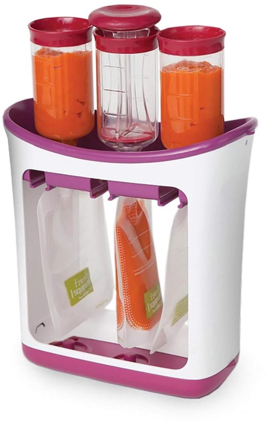 knijpstation babyvoedselmaker en zakjesvuller - Voedselpers - vult 3 herbruikbare zakjes tegelijk - eenvoudig te gebruiken - vaatwasserbestendig - essentieel voor het bereiden van zelfgemaakte babyvoeding - Wordt geleverd met 10 zakjes en flessendopp