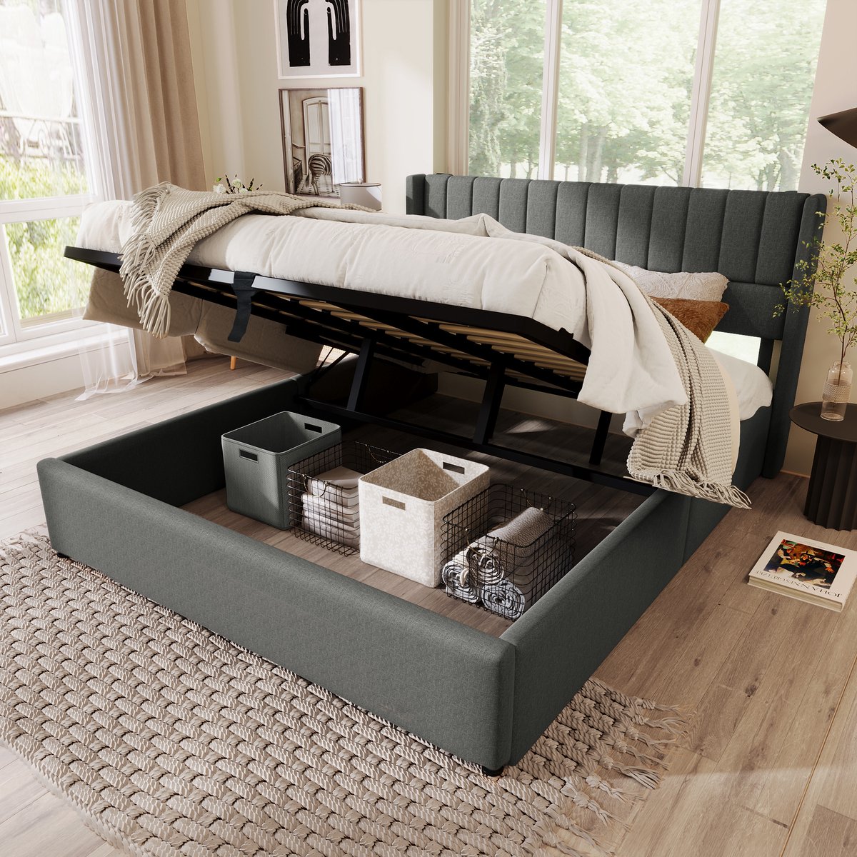 SINGULARITY-Opbergbed gestoffeerd bed hydraulisch tweepersoonsbed 160x200cm- bed met lattenbodem van metaal- linnen- grijs met matras