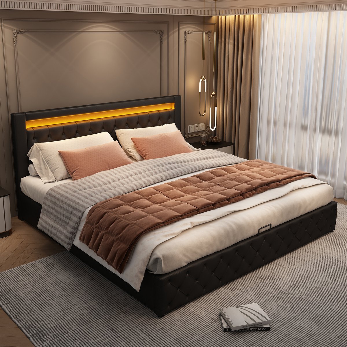 Singularity Gestoffeerd bed 140 x 200 cm- functioneel bed met lattenbodem en opbergruimte- met ledverlichting- met opbergfunctie- zwart- PU- ​​Zonder matras