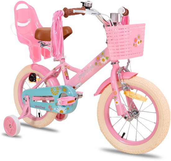 Roze 16-inch kinderfiets met zijwieltjes, mandje, poppenzitje, bloemendecoratie, crèmekleurige banden en een bel.