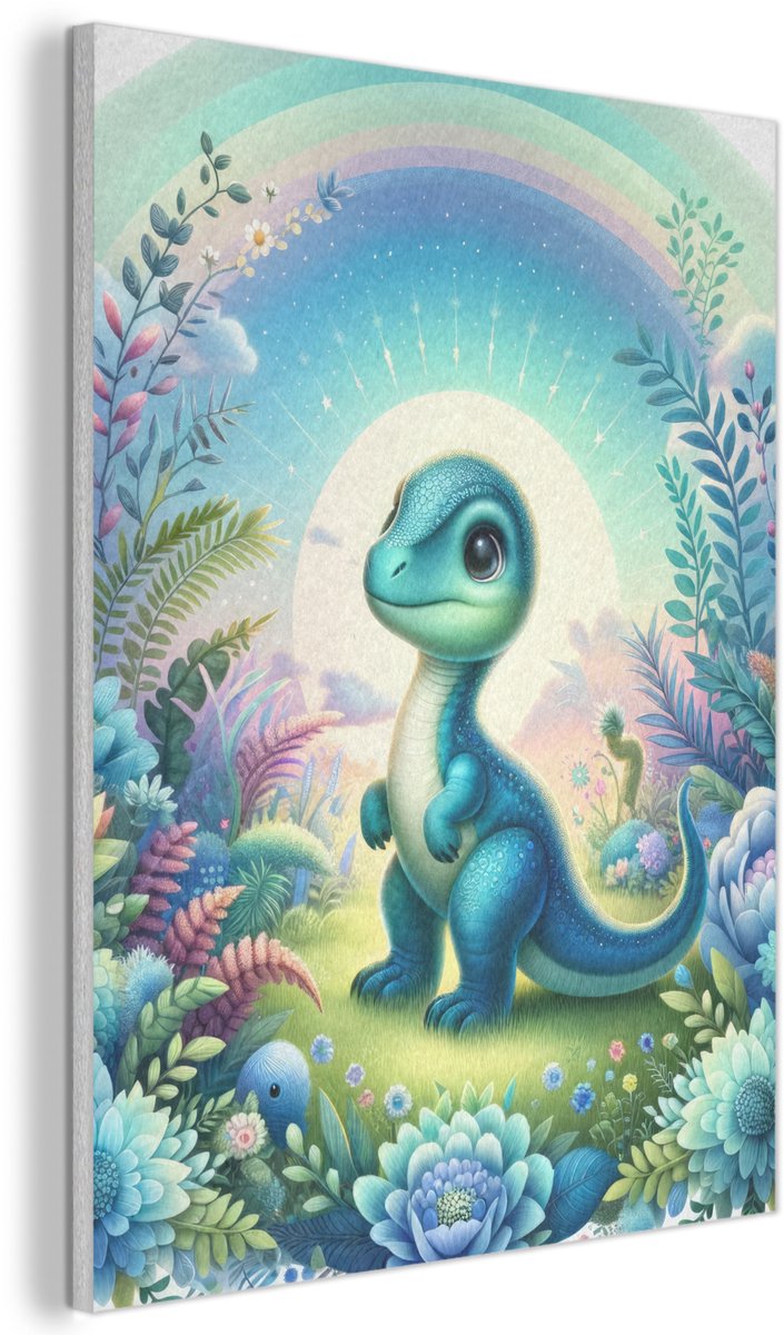 Akoestisch wandpaneel 60x80 cm - Vilt schilderij Dino - Blauw - Regenboog - Dinosaurus - Baby - Akoestische panelen - Geluidsdempende wanddecoratie - Geluidsisolatie woonkamer - Muurdecoratie geluidspanelen