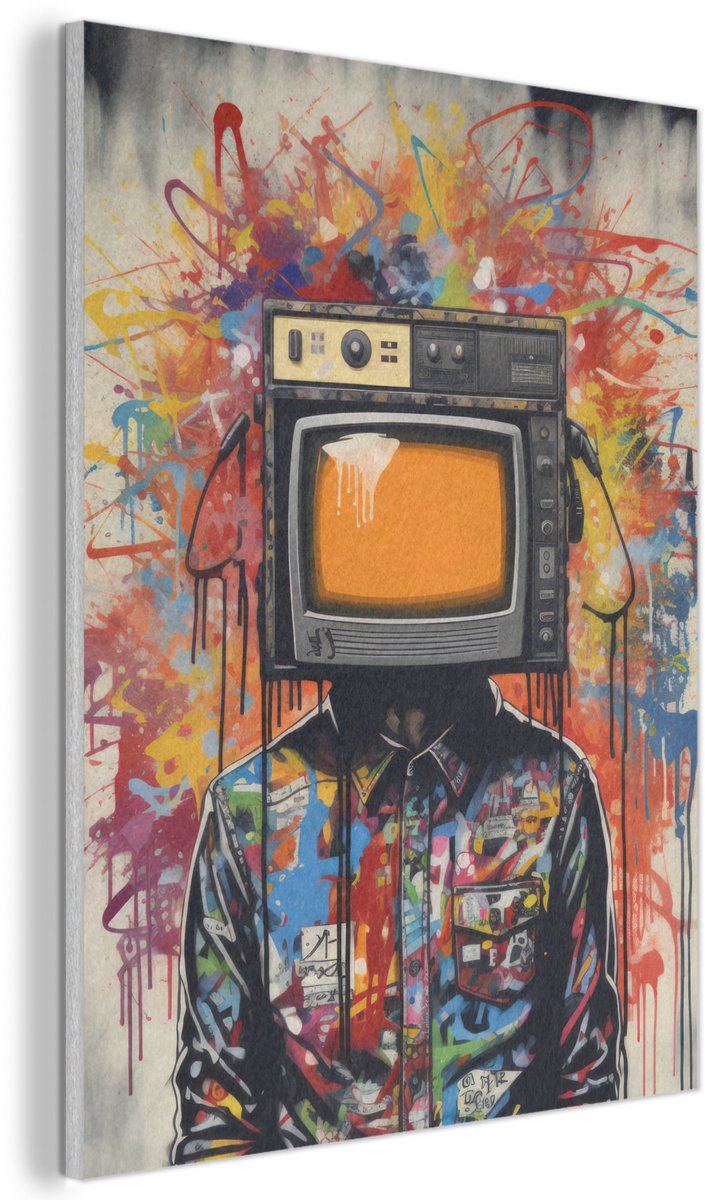 Akoestisch wandpaneel 60x80 cm - Vilt schilderij Televisie - Graffiti - Mens - Kleuren - Akoestische panelen - Geluidsdempende wanddecoratie - Geluidsisolatie woonkamer - Muurdecoratie geluidspanelen