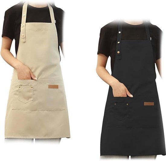 Pack van 2 Keukenschorten, 2 stuks kookschorten voor dames en heren, waterdicht schort met zakken, verstelbare nekriem, schort, keukenschort voor keuken, koken, bakken, tuin