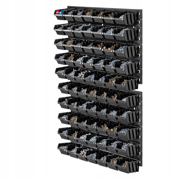 Étagère murale d'atelier KADAX, 58 x 78 cm, système de rangement en plastique robuste, étagère d'atelier résistante aux UV, panneaux muraux extensibles, étagère de rangement pour garage (noir, 70 pièces)