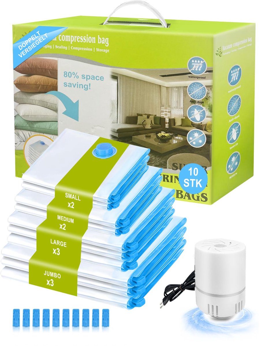 Vacuüm opbergzakken - 10-delige set met elektrische luchtpomp - Voor kleding, kussens, dekbedden, reizen en thuisopslag - Transparant, 3x Jumbo 100x80cm, 3x Groot 80x60cm, 2x Medium 70x50cm, 2x Klein 60x40cm