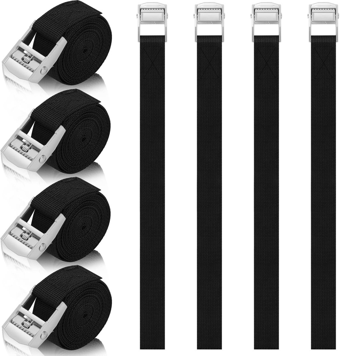 8 stuks Spanbanden - Kort met ratel, verstelbaar - Voor auto, fiets, steekwagen, motor, bagage, camping - 50 cm lang, 25 mm breed