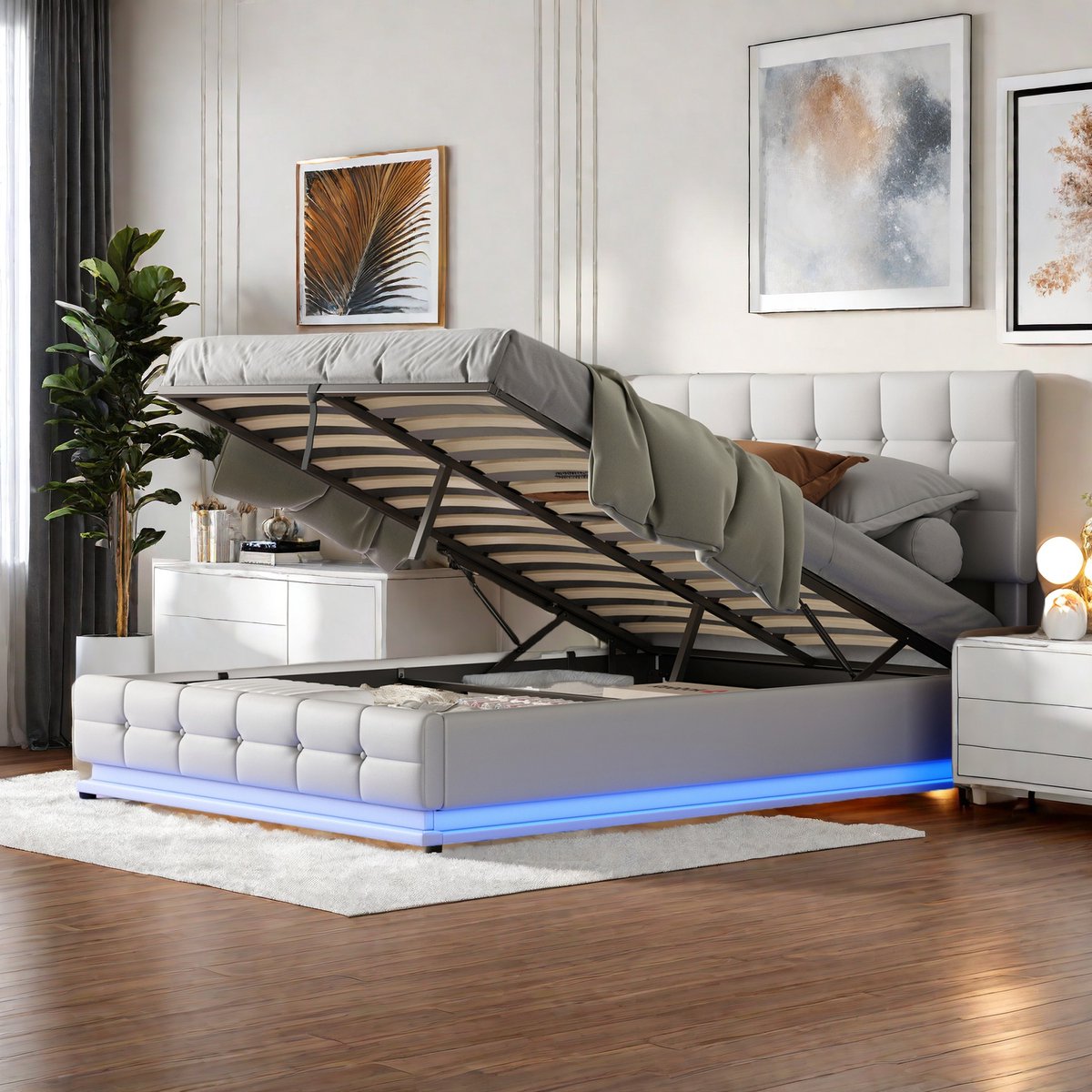 Tweepersoonsbed 140x200 cm – LED & Gaslift Opbergruimte – Kunstleer Bed & Lattenbodem – Wit