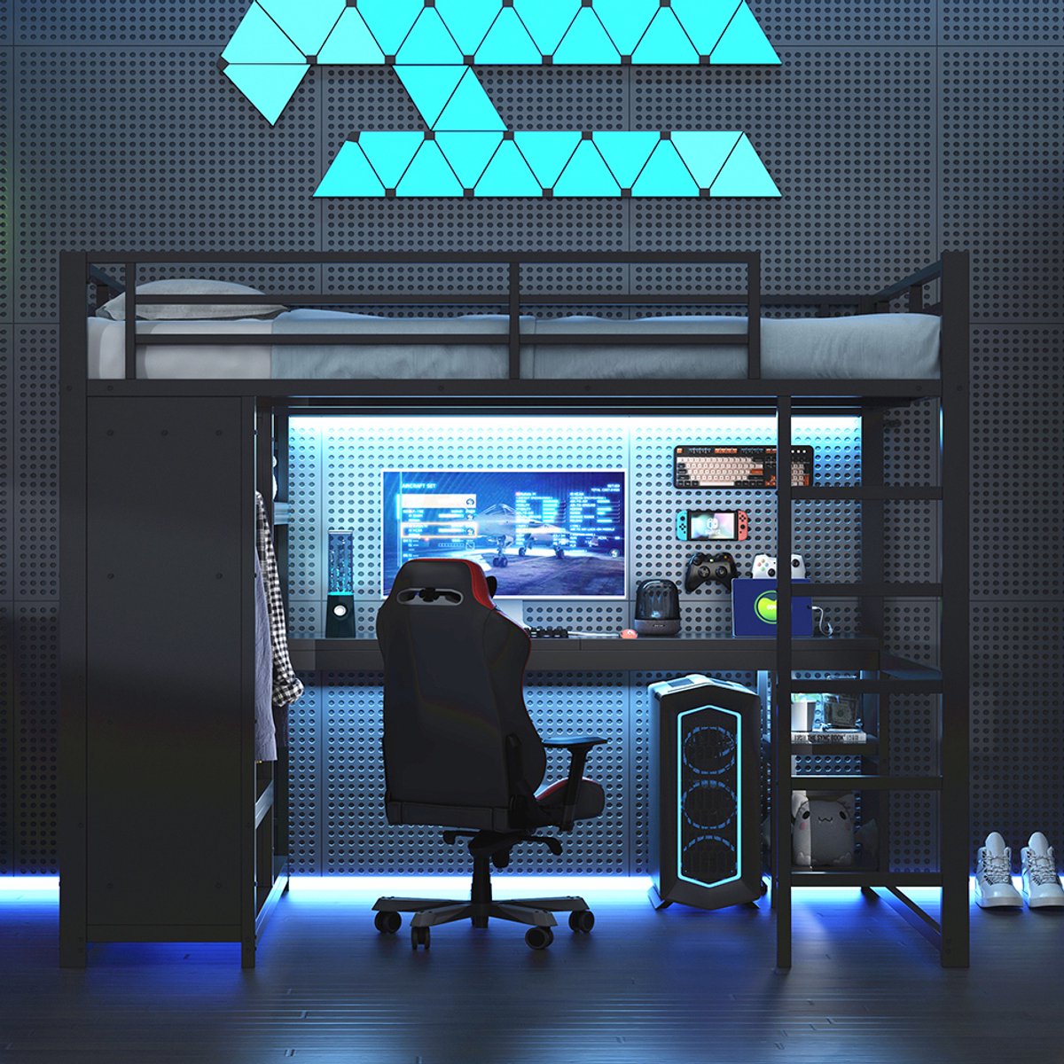 KOMHTOM Metalen gaming stapelbed 140x200 met ledverlichting, bureau, open kledingkast en opbergvakken, zwart