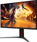 Schuin bovenaanzicht van een AOC gaming monitor met beeldscherm vol actie-game afbeelding.