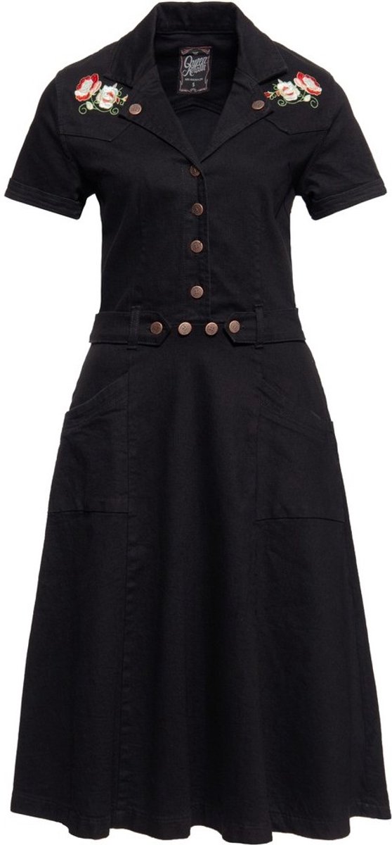 Queen Kerosin Damen 50s Swing Jeanskleid mit Stickerei Schwarz-XS