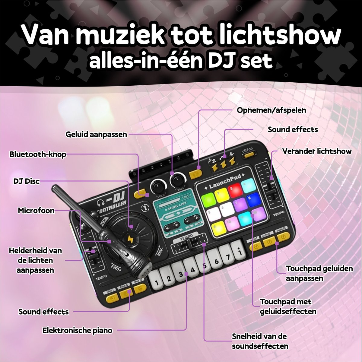 DJ Set Kinderen met Leerboekje - Oplaadbaar - Bluetooth - Microfoon - Speelgoed Muziekspeler - DJ Mixer Kids — afbeelding 8